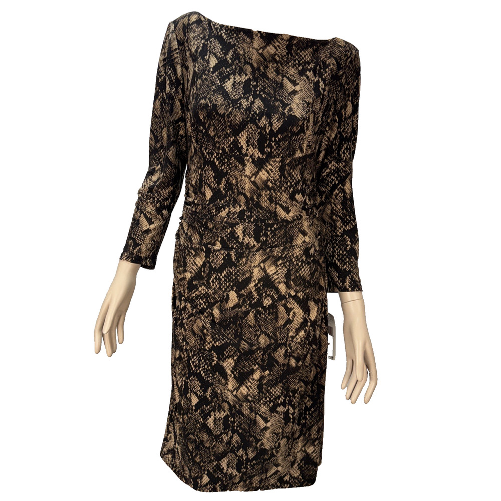 Ralph Lauren Ruched Sheath Dress Size 12 Brown Snake Animal Print Boatneck NWT